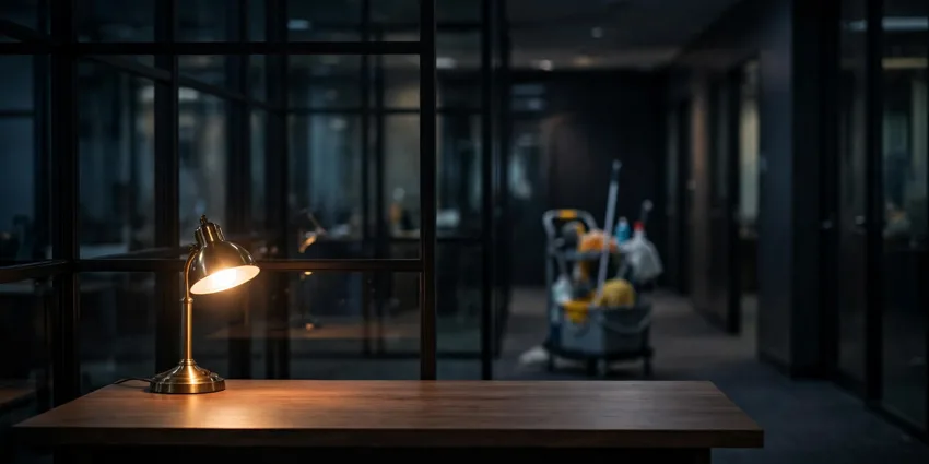Law office desk lamp at night with a janitorial cart in the hallway behind